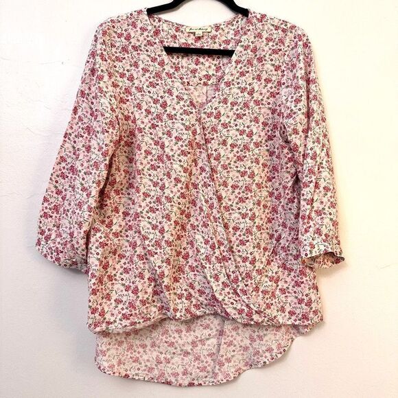 Jane and Delancey Floral High Low Hem Long Sleeve V-Neck Wrap Top Pink Large - Picture 1 of 3